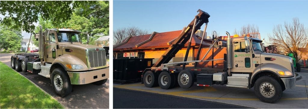 Two image of truck carrying a dumpster with different-angle